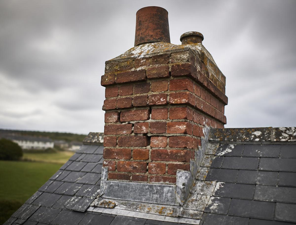Weathered brick chimney stack with cracked mortar on a slate roof